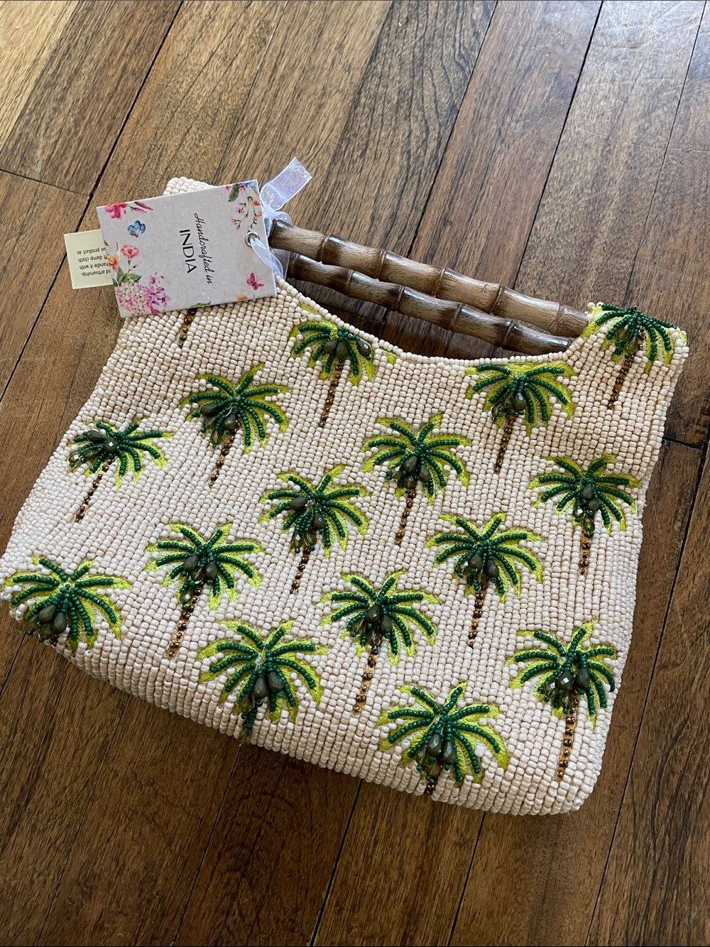 NEW Beaded Palm Tree Handbag - Green on Cream
